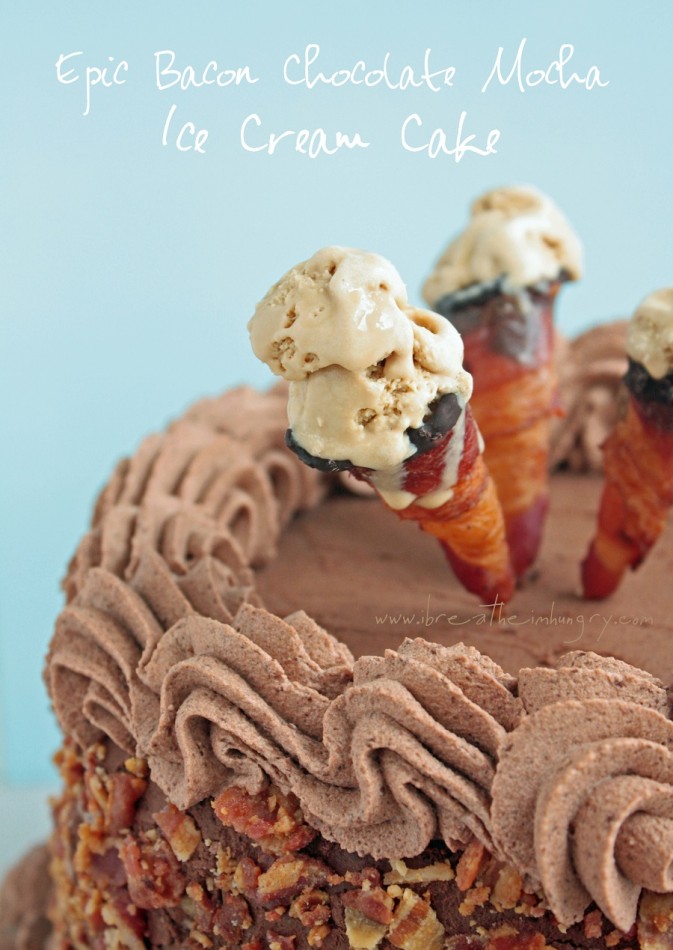 low carb bacon ice cream cones on cake