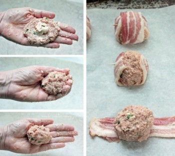 jalapeno popper meatball recipe steps showing the process of stuffing and wrapping them.
