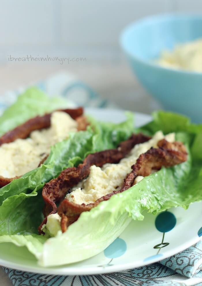 Easy Keto Egg Salad wrapped in lettuce and bacon