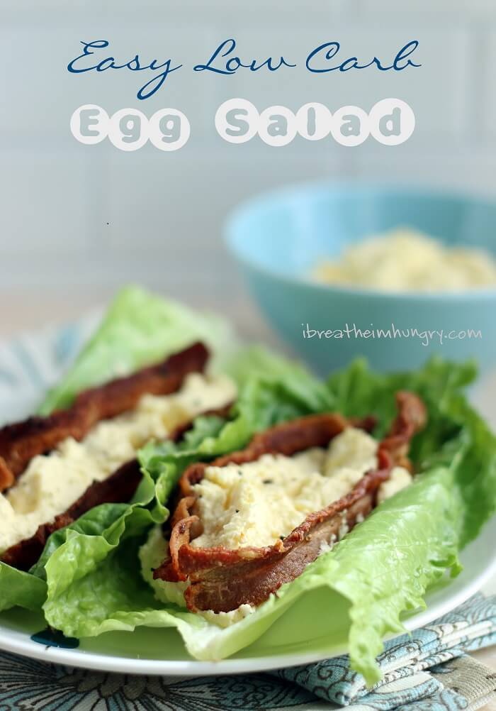 Easy Keto Egg Salad shown with bacon and romaine lettuce