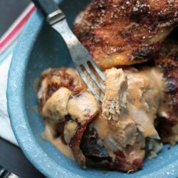 keto baked chicken thighs with sour cream gravy shot from above showing the inside of the juicy meat