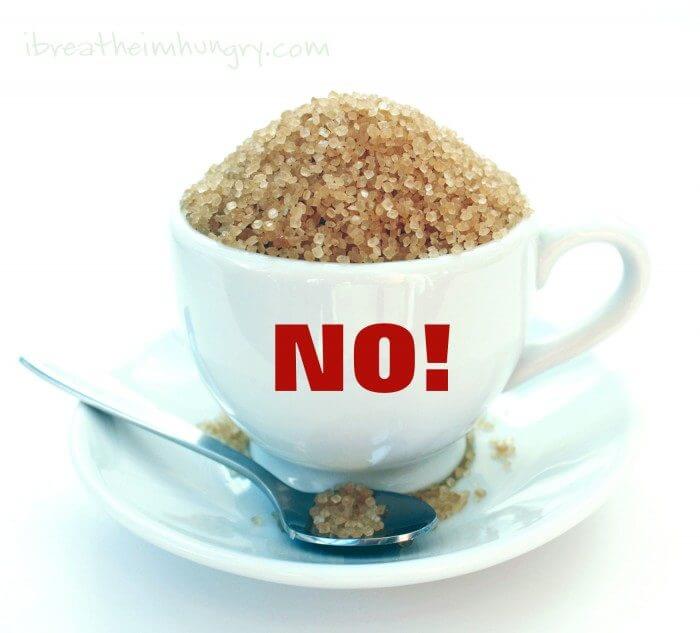 raw sugar in an espresso cup with the word NO in red across the front - a graphic for the 3 day kick start Free Keto Diet Plan