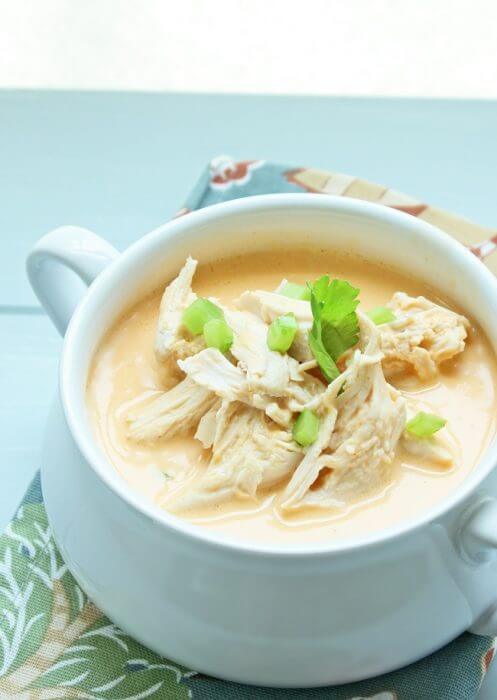 Keto Buffalo Chicken Soup in a White Bowl with Celery