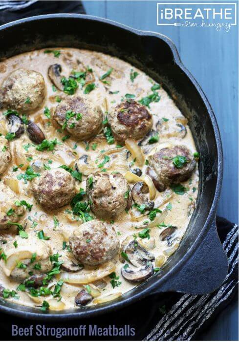 Beef Stroganoff Meatballs - a low carb, gluten free, lchf, keto, and Atkins diet friendly meatball recipe from Mellissa Sevigny of I Breathe Im Hungry