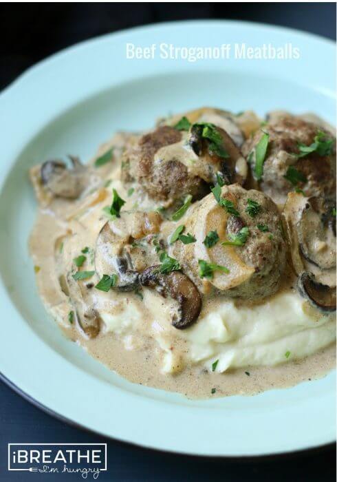 Beef Stroganoff Meatballs with Cauliflower Puree - a low carb and gluten free recipe from I Breathe Im Hungry