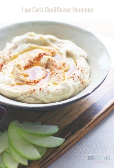 This low carb hummus is so delicious that you'd never know it was grain free and made with super healthy cauliflower! ibreatheimhungry.com