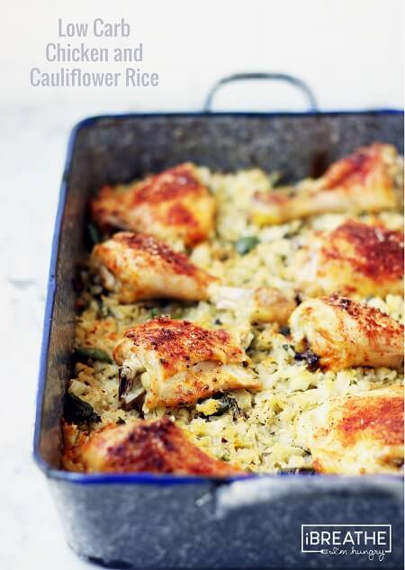This low carb version of the classic baked chicken and rice is not only delicious, it's also gluten free, grain free, nut free, egg free, Paleo and Whole 30 compliant! 