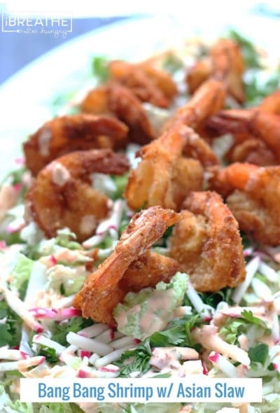 A low carb and gluten free version of Bang Bang Shrimp with Asian Slaw. Crunchy, Sweet, Smoky, Spicy, Bliss! Keto and Atkins friendly!