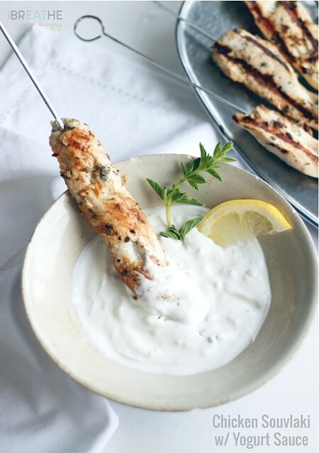 This Grilled Chicken Souvlaki with Yogurt Sauce is fast and easy to make, leaving you lots of time to spend outdoors relaxing this Summer! Low carb, keto, Paleo, and Atkins diet friendly.