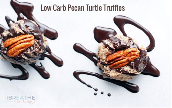 These delicious low carb pecan turtle truffles come together in just minutes with just 1g net carbs each!