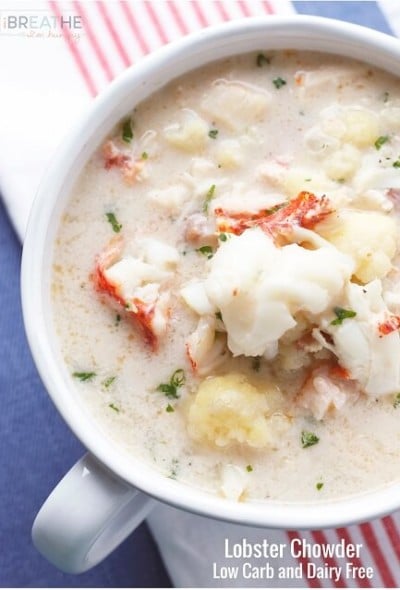 This fantastic lobster chowder can also be made with shrimp, and is low carb, gluten free, AND dairy free!