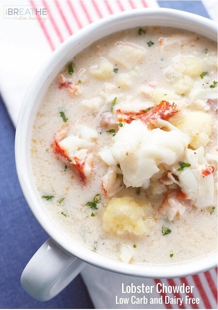 This fantastic lobster chowder can also be made with shrimp, and is low carb, gluten free, AND dairy free! 