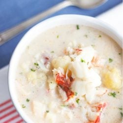 This fantastic lobster chowder can also be made with shrimp, and is low carb, gluten free, AND dairy free!