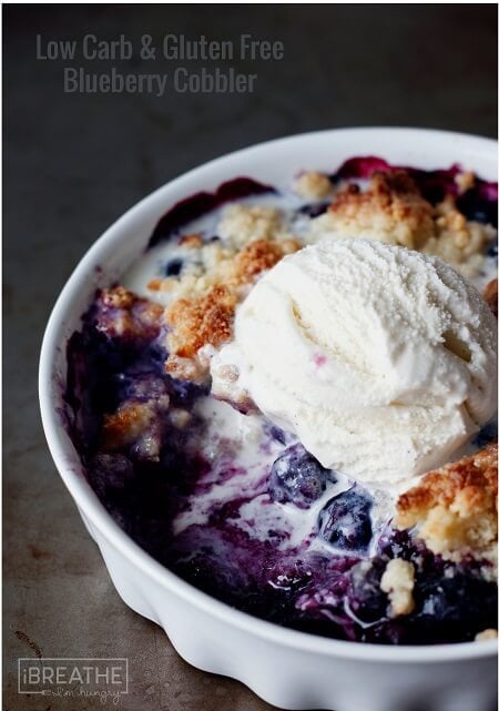 This gluten free low carb blueberry cobbler has all the flavors of summer packed into it for less than 100 calories per serving!