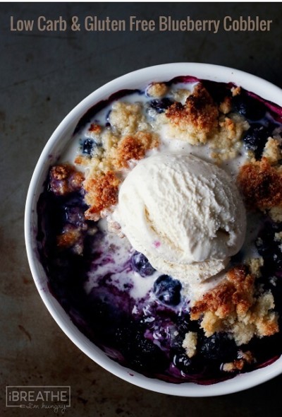 This easy low carb and gluten free blueberry cobbler has all the flavors of summer packed into it for less than 100 calories per serving!