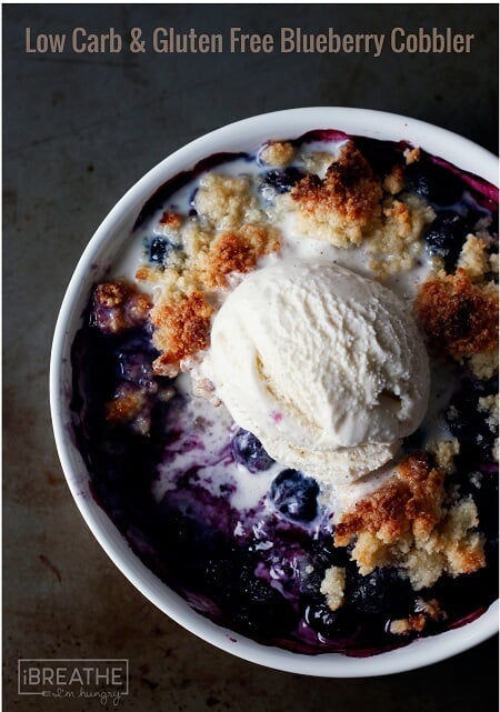 This easy low carb blueberry cobbler has all the flavors of summer for less than 100 calories per serving! Gluten free too!