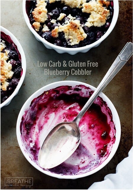 This easy gluten free and low carb blueberry cobbler has all the flavors of summer packed into it for less than 100 calories per serving!
