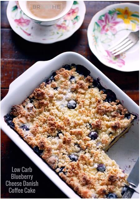 This low carb & gluten free blueberry cheese danish coffee cake has four amazing layers! Keto and Atkins diet friendly!