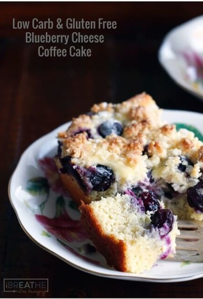 This low carb & gluten free blueberry cheese danish coffee cake has four amazing layers! Keto and Atkins diet friendly!