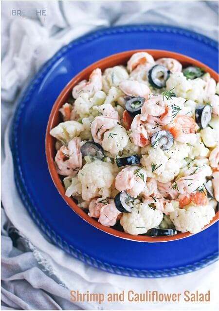 This cool and creamy salad featuring cauliflower, shrimp, and black olives is perfect for summer! The fact that it's also low carb is a bonus!