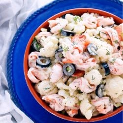 This cool and creamy salad featuring cauliflower, shrimp, and black olives is perfect for summer! The fact that it's also low carb is a bonus!