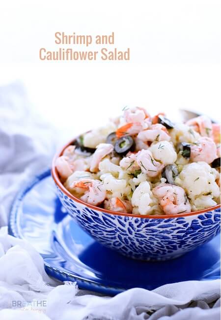 Keto Shrimp Salad front view with black olives and cauliflower