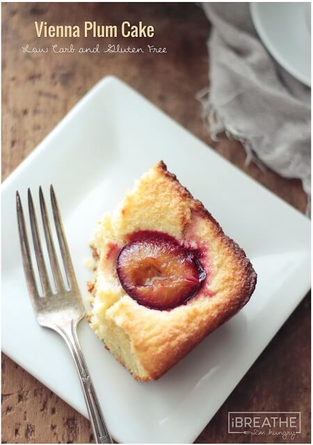 A low carb and gluten free Vienna Plum Cake recipe - sweet and dense vanilla almond cake with tangy, juicy plums baked into the top. 