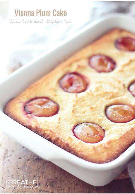 A low carb Plum Cake in a white ceramic baking dish