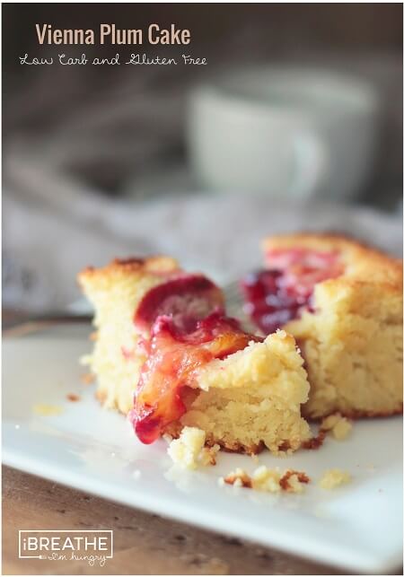 A low carb and gluten free Vienna Plum Cake recipe - sweet and dense vanilla almond cake with tangy, juicy plums baked into the top. 