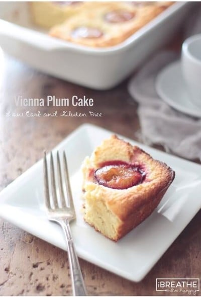 A low carb and gluten free Vienna Plum Cake recipe - sweet and dense vanilla almond cake with tangy, juicy plums baked into the top.