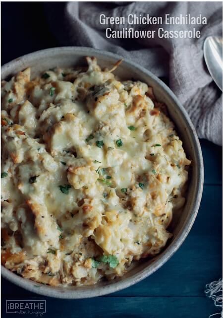 A low carb green chicken enchilada cauliflower casserole that is to die for! Super easy to throw together it's also low carb and gluten free! 