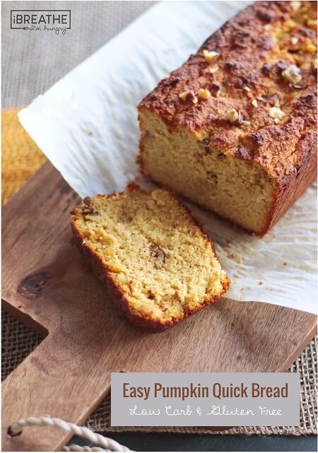 An easy keto pumpkin bread recipe shown baked and sliced with butter
