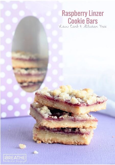 All the flavor and texture of your favorite raspberry linzer cookie without the tedious work! Low carb, egg free, and gluten free