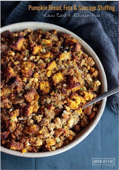 This delicious low carb and gluten free pumpkin bread, sausage & feta stuffing / dressing recipe goes great with roasted turkey!