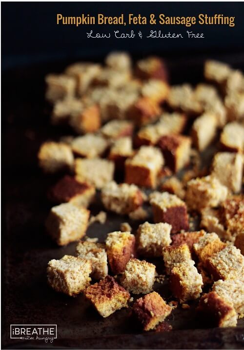 This delicious low carb and gluten free pumpkin bread, sausage & feta stuffing / dressing recipe goes great with roasted turkey! 