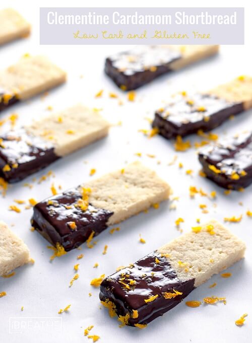 These delectable low carb shortbread cookies are flavored with cardamom and clementine zest, then dipped in dark chocolate! Gluten free too!