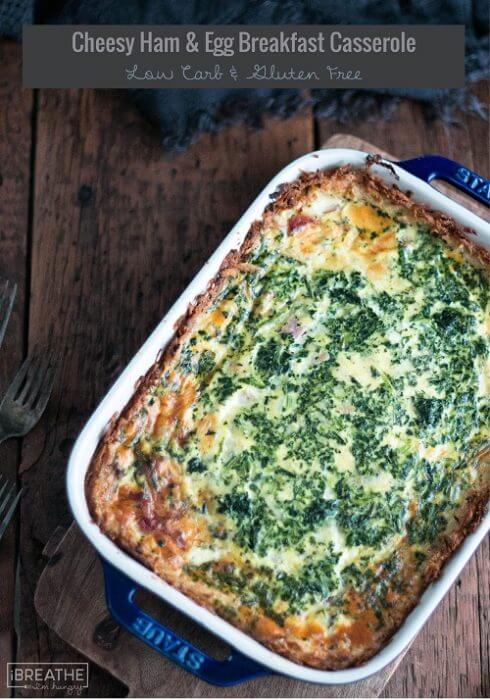 This low carb breakfast casserole has a crunchy crust and a delicious ham, cheese and spinach filling! Gluten Free