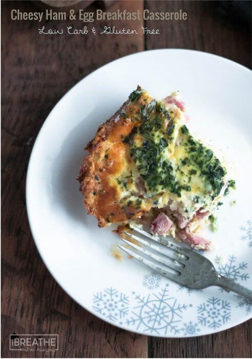 This low carb breakfast casserole is flavored with ham, cheese and spinach and has a crunchy gluten free crust!