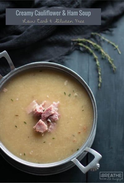 A delicious and satisfying creamy cauliflower soup to use your leftover ham in! Low carb, dairy free, gluten free, whole 30
