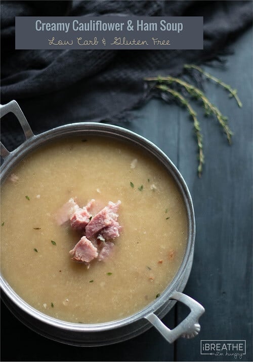 A delicious and satisfying creamy cauliflower soup to use your leftover ham in! Low carb, dairy free, gluten free, whole 30
