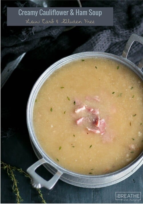 This easy cauliflower and ham soup recipe is delicious and satisfying - low carb, gluten free, dairy free, paleo, whole 30