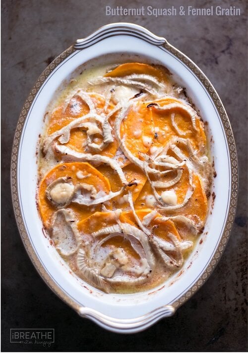 This Butternut Squash & Fennel Gratin is an elegant low carb side dish recipe!