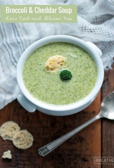 This cheesy low carb and gluten free broccoli soup is keto and atkins friendly!
