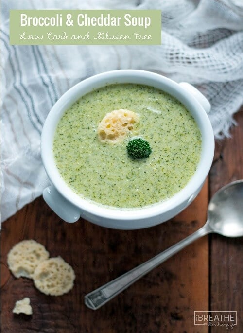 keto broccoli cheddar soup with parmesan crisps.