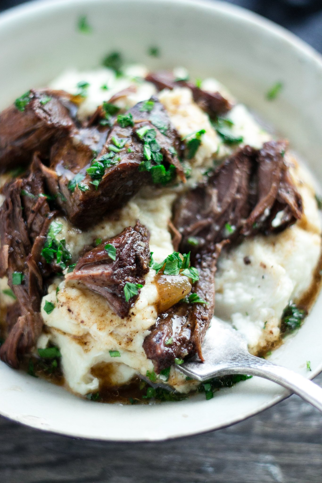 Easy Keto Pot Roast with Beef over mashed cauliflower