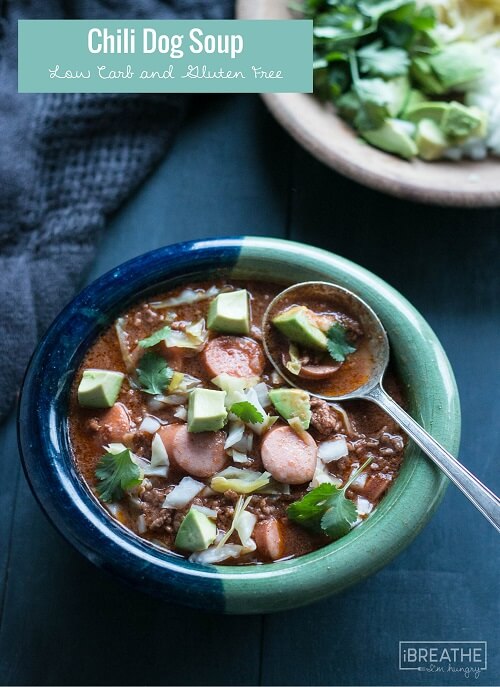 This keto friendly chili dog soup is perfect for your Superbowl Party! Throw it in the crockpot, prep your toppings and let your guests have at it!