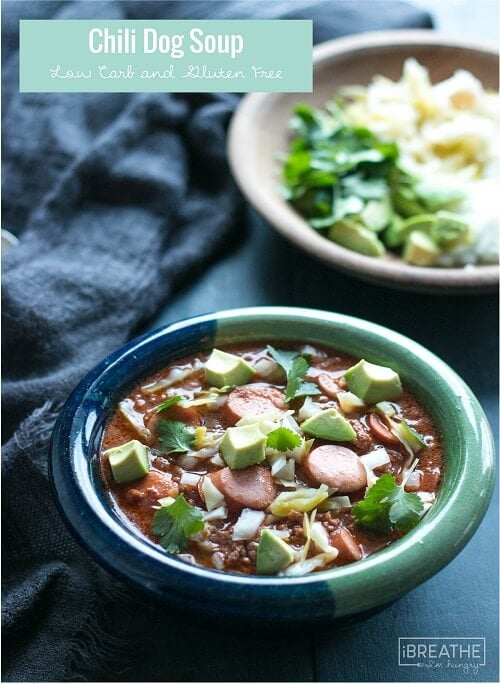 This low carb chili dog soup recipe can be customized with your favorite toppings! Perfect for SuperBowl!