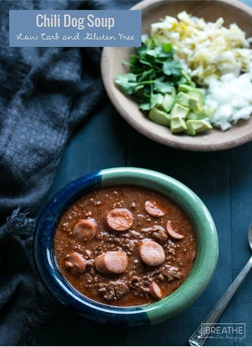This low carb chili dog soup can be customized with whatever your favorite toppings are! Perfect for your Keto Superbowl Party!