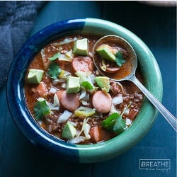 A low carb chili dog soup recipe from Mellissa Sevigny of I Breathe Im Hungry