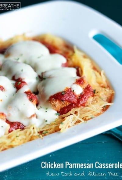 This delicious low carb chicken parmesan casserole is gluten free and guaranteed to be a hit with kids and husbands alike!
